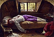 The Death of Chatterton (a tragic Romantic poet, died age 17). Removed from Suicide after a hammer-and-tongs debate, on the grounds of not being accurate (but also on grounds of romanticizing the subject)