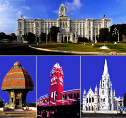 Clockwise from top: Madras Central, Marina Beach, Kapaleeswarar Temple, Santhome Basilica, Bharata Natyam recital.