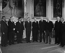 Liaquat Ali Khan, the Prime Minister of Pakistan, with George VI, King of Pakistan, and other Commonwealth Prime Ministers in London for the 1949 Commonwealth Prime Ministers' Conference Commonwealth Prime Ministers in London 1949.jpg