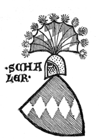 Fig. 613.—Arms of the family of Schaler (Basle): Gules, a bend of lozenges argent. (From the Zürich Roll of Arms.)