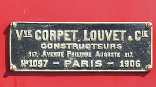 Plaque de constructeur de la locomotive type 130T no 1097 du constructeur. no 1 des Chemins de fer départementaux de l'Aisne, préservée au CFBS.