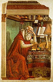 Jerome, patron saint of translators and encyclopedists Domenico Ghirlandaio - St Jerome in his study.jpg