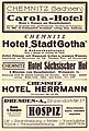 Werbung von 1924 für das Carola-Hotel, das Hotel Stadt Gotha, den Sächsische Hof und das Hotel Herrmann