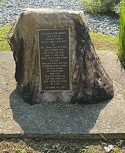 Boulder in Estherton, PA, once signifying where the town was laid in 1756. It was moved from its original location along the riverfront and rededicated in 1991.
