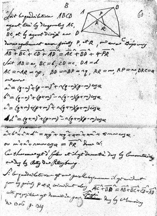 Feuille de calcul de Lagrange (géométrie, calculs dans un quadrilatère scalène et ses diagonales)