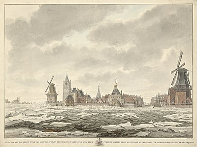 Waterpoort te Gorinchem met kruiend ijs in februari 1799