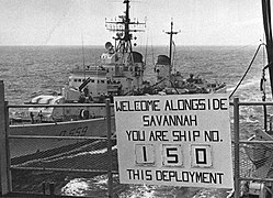 Indomito coming alongside USS Savannah in the Mediterranean Sea in 1974.