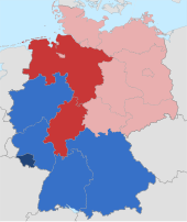 2020 map of Christian denominations in the states of Germany
Roman Catholic majority
Christian majority, Catholic plurality
Christian majority, EKD plurality
Christians less than 50% of population, majority of Christians belong to EKD Konfessionen-in-Deutschland-2020.svg