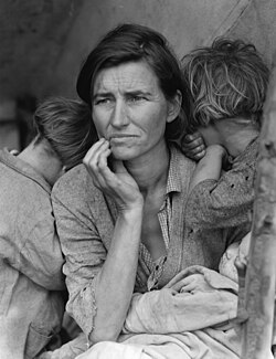 Dorothea Lange's Migrant Mother depicts destitute pea pickers in California, centering on Florence Owens Thompson, a mother of seven children, age thirty-two, in Nipomo, California, March 1936.
