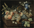 Fruits sur un entablement avec un vase de Delft à décor chinois, 55x66cm, monogrammé PALMne, collection privée.