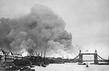 Tower Bridge during the first mass air raid on London, 7 September 1940 London Blitz 791940.jpg