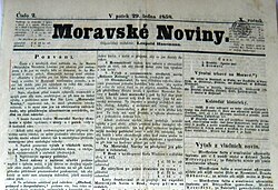 Titulní stránka Moravských novin z 29.1.1858