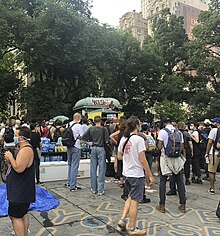 Occupy City Hall Protesters listening to a speech at City Hall Plaza calling for the defunding of the NYPD Occupycityhallplaza.jpg