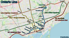 Geographic Map of the Ontario Line and all connections. Map by OpenStreetMap.