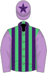 Emerald green and purple stripes, mauve sleeves, mauve cap, purple star