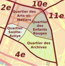 De fyra administrativa distrikten i Paris tredje arrondissement.