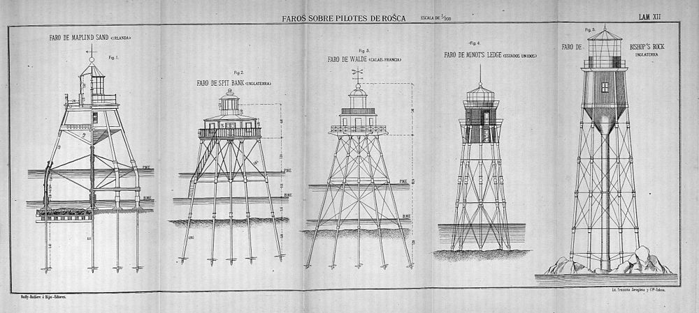 Examples of rock screw-pile lighthouses from a drawing by Jose Eugenio Ribera. Puentes de hierro economicos 07.jpg