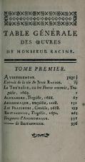 TABLE GÉNÉRALE DES ŒUVRES DE MONSIEUR RACINE. TOME PREMIER. Avertissement. page j Extrait de la vie de Jean Racine. iij La Thébaïde, ou les Frères ennemis, Tragédie, 1664. 1 Alexandre, Tragédie, 1666. 67 Andromaque, tragédie, 1668. 131 Les Plaideurs, Comédie, 1668. 199 Britannicus, Tragédie, 1670. 265 Fragmens d’Andromaque. 331 Fragmens de Britannicus. 336