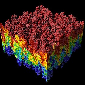 A scientific visualization of a simulation of a Rayleigh-Taylor instability caused by two mixing fluids. Rayleigh-Taylor instability.jpg
