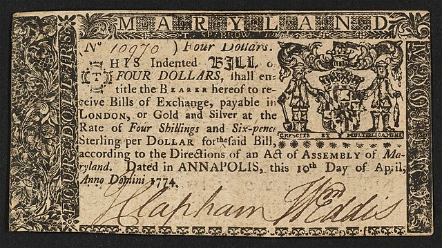 Photograph of a printed Maryland four dollar banknote