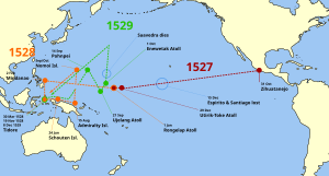 Saavedra's failed attempts to find a return route from the Maluku to New Spain (Mexico) in 1529 Saavedra-1527-1529.svg