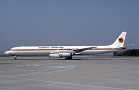 A Seychelles International Airways Douglas DC-8 at Basle in 1985