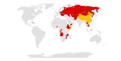 Communist state alignments in 1980: pro-Soviet (red); pro-Chinese (yellow); and the non-aligned North Korea and Yugoslavia (black); Somalia had been pro-Soviet until 1977; and Cambodia (Kampuchea) had been pro-China until 1979. Sino-Soviet split 1980.svg