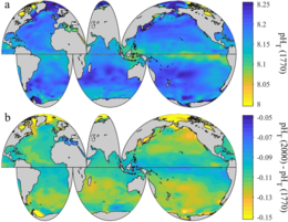 Spatial distribution of global surface ocean pH (Panel a: the annually-averaged surface ocean pH to be approximate for the year 1770; Panel b: the difference between pH in 2000 and 1770 in the global surface ocean). Spatial distribution of global surface ocean pH.webp