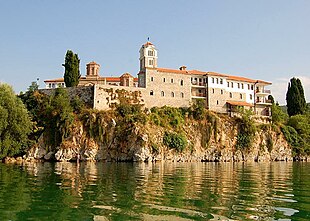 Monastery of St. Naum at Ohrid Lake shoreline.