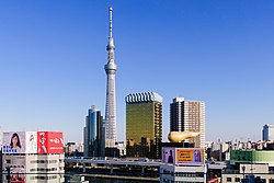 Abeno Harukas Osaka (kiri), gedung tertinggi di Jepang, dan Tokyo Skytree (kanan), struktur tertinggi di Jepang.