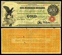 Zlatý certifikát v hodnotě 100 $, řada 1865, Fr.1166c, s vinětou orla a štítu (vlevo) a spravedlnosti (dole uprostřed).