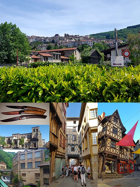 En haut : le centre historique de Thiers vu depuis le Pont du navire au Moutier. En bas à droite : Le Château du Pirou. En bas au centre : La Pedde du coin des hasards. En bas à gauche : Le centre d'art du creux de l'enfer. Au milieu à gauche : L'Église Saint-Genès de Thiers. En haut à gauche : des couteaux Le Thiers.