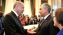 State Duma Speaker Vyacheslav Volodin represented Russia at the inauguration ceremony of re-elected Turkish President Erdogan on 3 June 2023 Volodin with Erdogan.jpg