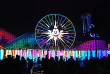 World of Color hydrotechnics at Disney California Adventure creates the illusion of motion using 1,200 fountains with high-definition projections on mist screens. World of Color overview.jpg