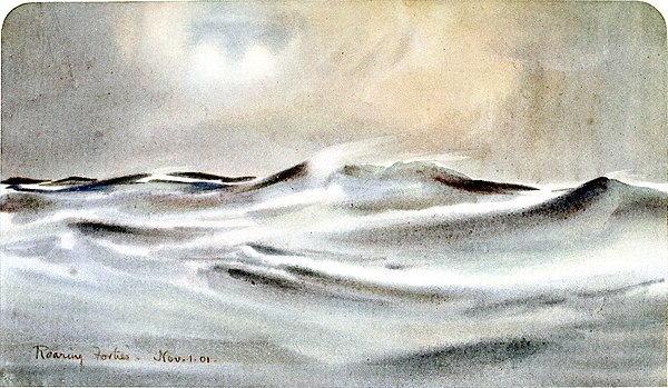 Watercolour of windswept waves backlit by a hazy low sun