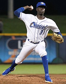 Marte pitching for the Omaha Storm Chasers in 2019