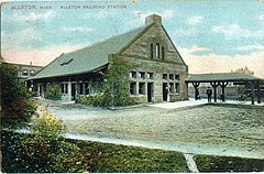 Allston Railroad Station, about 1909, currently a Regina Pizzeria 1909 Postcard of Allston Depot.jpg