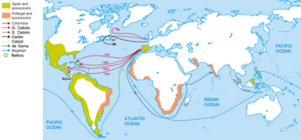 The main travels of the Age of Discovery (began in 15th century) Age of Discovery explorations in English.png