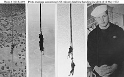 Stills from 11 May 1932 mooring incident: the two pictures on the left and picture at far right are of Seaman Cowart; the picture 2nd from right shows Henton and Edsall before their fatal fall. Akron incident 11 may32.jpg