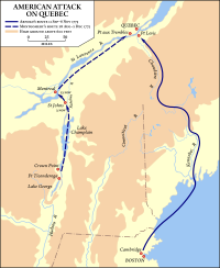 Montgomery's route started at Fort Ticonderoga in eastern upstate New York, went north along Lake Champlain to Montreal, and then followed the Saint Lawrence River downstream to Quebec. Arnold's route started at Cambridge, Massachusetts, went overland to Newburyport and by sea to present-day Maine. From there, it went up the Kennebec River and over a height of land separating the Kennebec and Chaudière watersheds to Lake Mégantic. It then descended the Chaudière River to Quebec City.