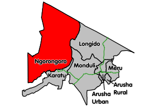 Localizarea Districtului Ngorongoro în cadrul Regiunii Arusha