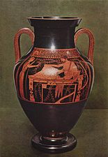 Dua sisi dengan dua gaya berbeda pada Amphora buatan Pelukis Andokides, 520 SM (Staatliche Antikensammlung di Munich). Kiri: lukisan figur hitam, kanan: lukisan figur merah.