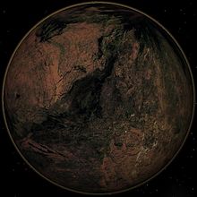 Artist's concept of a carbon planet. The surface is dark and reddish from hydrocarbon deposits. Carbon Planet.JPG