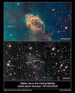 Alternative Hubble Space Telescope views of the Carina Nebula, comparing ultraviolet and visible (top) and infrared (bottom) astronomy. Far more stars are visible in the latter. Carina Nebula in Visible and Infrared.jpg
