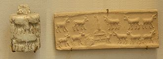 Cylinder seal and impression: cattle herd at the cowshed. White limestone, Mesopotamia, Uruk Period (4100 BC-3000 BC). Cylinder seal cowshed Louvre Klq17.jpg