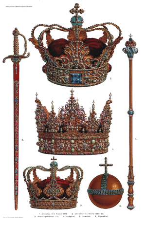 The Danish Crown Regalia, all of which are on public display at Rosenborg Castle in Copenhagen: 1. Crown of Christian IV (1595); 2. Crown of Christian V (1665-70); 3. The Queen consort crown (1731); 4. Sceptre; 5. Sword of state; and, 6. Globus cruciger. Danish Crown Regalia2.png