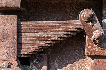 Suspensão de lâminas de um vagão-torpedo no parque público Landschaftspark Duisburg-Nord, Duisburgo, Renânia do Norte-Vestfália, Alemanha. Uma mola de lâmina é uma forma simples de mola comumente usada para a suspensão em veículos com rodas. É uma das formas mais antigas de mola, aparecendo em carruagens na França em meados do século XVII e daí migrar para Inglaterra e Alemanha. Para veículos muito pesados, uma suspensão de lâminas pode ser feita de várias folhas empilhadas umas sobre as outras em várias camadas, muitas vezes com folhas progressivamente mais curtas. (definição 5 417 × 3 611)