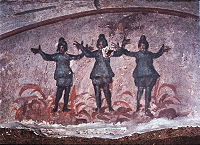 Τοιχογραφία από την παλαιοχριστιανική κατακόμβη της Πριστσίλα στη Ρώμη, 3ος/4ος αιώνας μ.Χ., που δείχνει τρεις μορφές σε μια φωτιά πάνω από τις οποίες πετάει ένα περιστέρι με ένα κλαδί στο ράμφος του