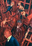 George Grosz: Metropolis (1916-17), olja på duk, 103x105, beslagtagen 8 juli 1937 på Kunsthalle Mannheim, visad på EK, idag på nationalmuseet Thyssen-Bornemisza i Madrid.[1]