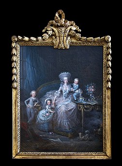 Tableau de Charles Le Clercq (1753-1821) représentant Marie-Thérèse de Savoie, épouse du futur roi Charles X, et leurs enfants Louis-Antoine, duc d'Angoulême, Sophie d'Artois (1776-1783), et Charles-Ferdinand, duc de Berry (1783, Petit Appartement de la reine). (définition réelle 2 064 × 2 804)